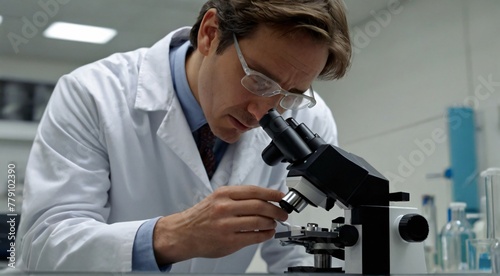 A scientist in a white lab coat examining a specimen under a microscope, conducting research in a laboratory setting.