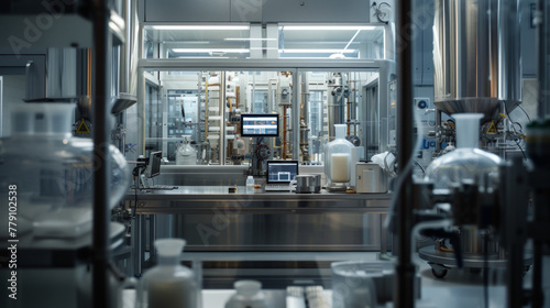 A state-of-the-art biotech pilot plant with specialized equipment and quality control stations, momentarily quiet but ready to test and optimize biologic manufacturing processes photo