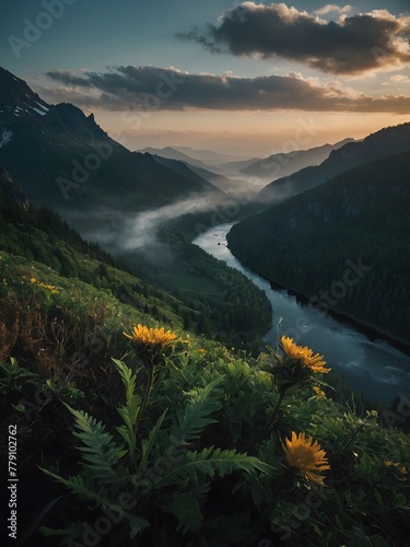 sunrise over the lake, A beautiful scene of Sunrise casting light on mountains, river, and flowers