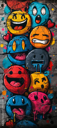 graffiti of many different emojis, vector art, black background.generative ai