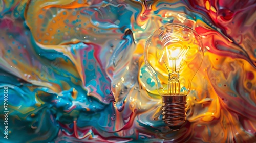 A eureka moment visualized by a lightbulb amidst a kaleidoscope of paint  a close-up portrayal of creativity s explosion in 4K