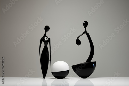 Black modern sculptures of the female body on a white background. Abstract artwork