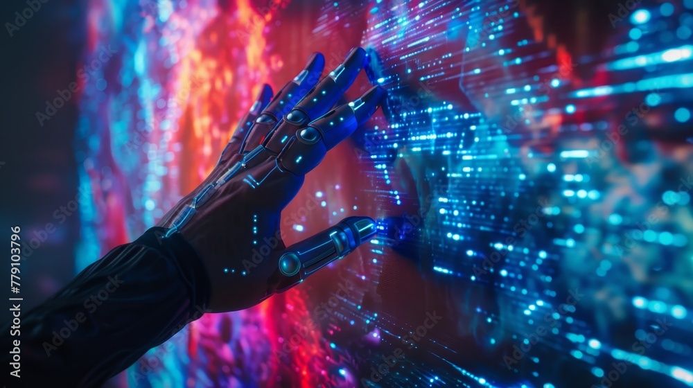 A close-up of an AI hand pressing against a colorful, futuristic display, showcasing the interaction of technology - obrazy, fototapety, plakaty 
