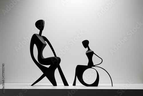 Black modern sculptures of the female body on a white background. Abstract artwork