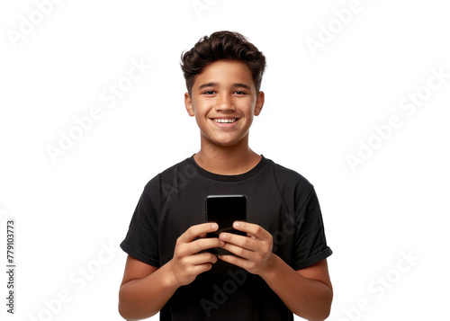 Smiling Teen Boy with Phone on Transparent