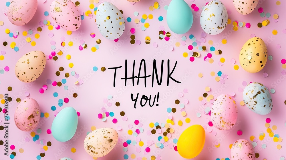 thank you greeting with Easter eggs, pink background - obrazy, fototapety, plakaty 