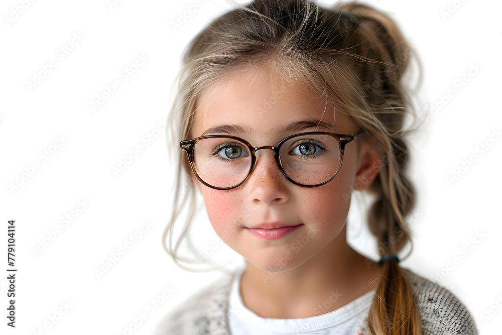 Closeup portrait of beautiful caucasian kid girl with glasses, isolated on a white background Closeup portrait of beautiful caucasian kid girl with glasses, isolated on a white background