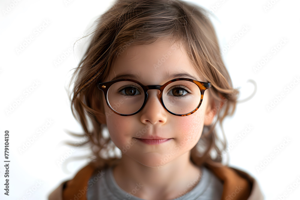 Closeup portrait of beautiful caucasian kid girl with glasses, isolated on a white background