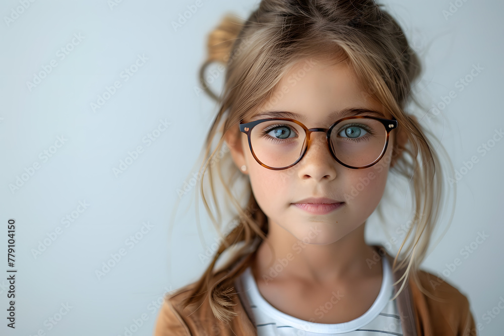 Closeup portrait of beautiful caucasian kid girl with glasses, isolated on a white background