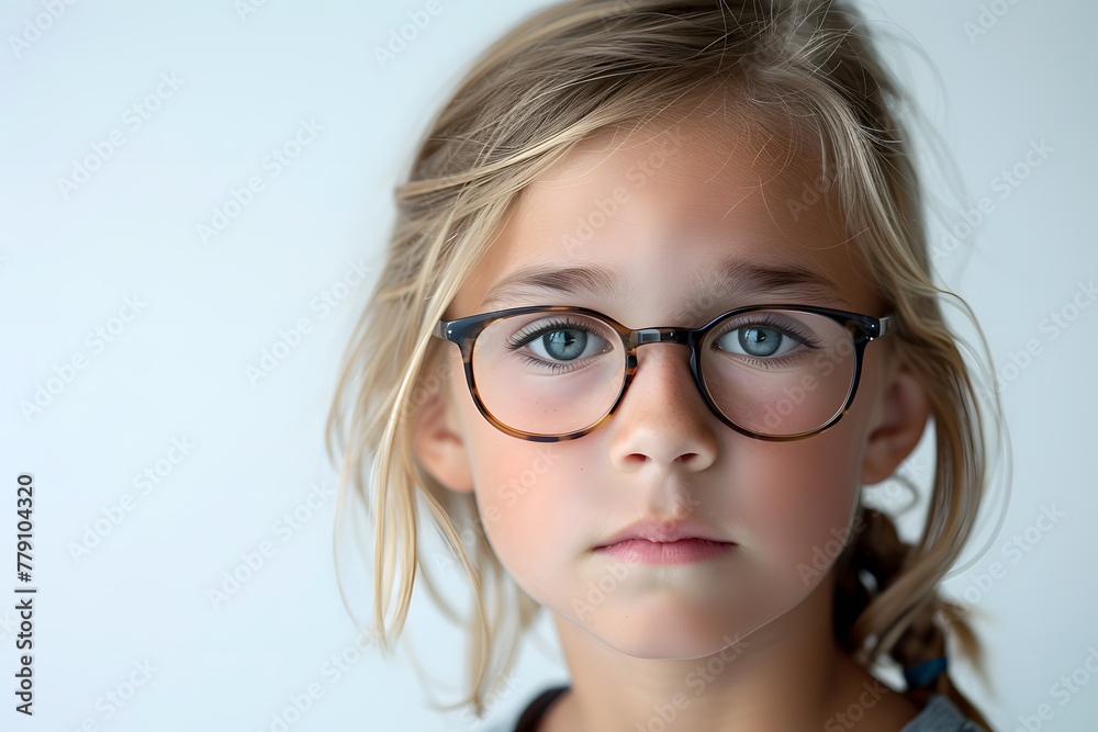 Closeup portrait of beautiful caucasian kid girl with glasses, isolated on a white background