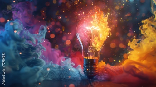 A lightbulb's eureka flash sparks an artistic blast of colors, a close-up capture of inspiration's power in 4K resolution