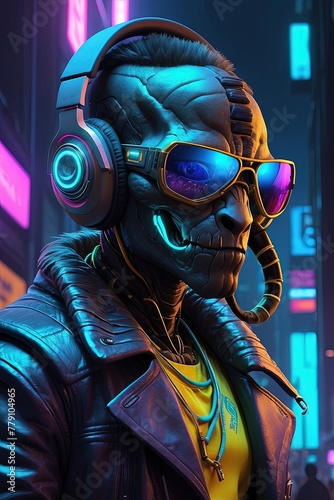 Cyberpunk style portrait of alien robot wearing headphones and listening to Imran Khan speech. Generative AI. photo