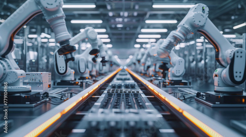 A high-tech electronics manufacturing plant with assembly lines and robotic arms, momentarily silent but capable of producing a wide range of electronic devices