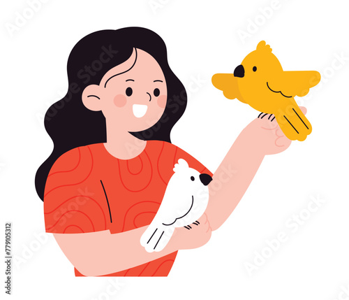 Pet and Owner hand drawn character vector. Person and cute animal design of woman holding birds, parrot, cockatiel, forpus. People with animal illustration for National pet day, print, clipart.