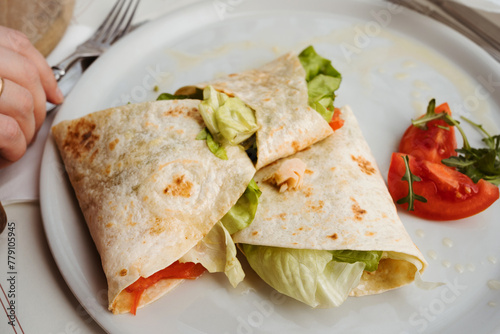 Stuffed tortilla chicken wrap with vegetables and french fries