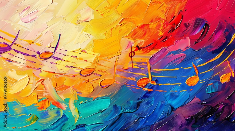 A canvas alive with music, notes painted thickly in a spectrum of joyful colors.