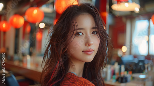 Asian young woman at a hair salon dyeing her hair, red colors, professional hairstylist, modern salon setting,generative ai