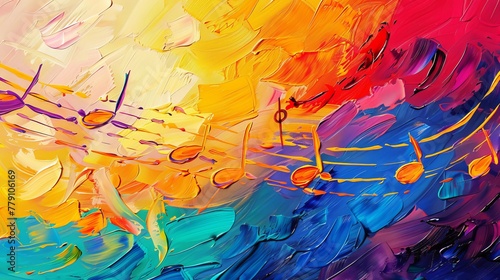 A canvas alive with music, notes painted thickly in a spectrum of joyful colors.