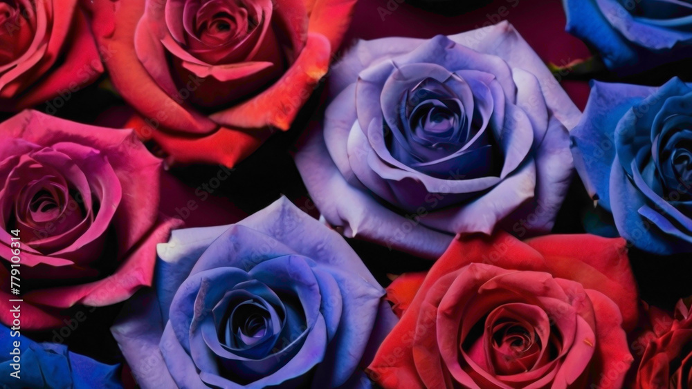 purple pink red blue and many light color roses flowers in full frame with text copy space in the middle with abstract gradient background and water droplets lying in the romantic manners purple pink red blue and many light color roses flowers in full frame with text copy space in the middle with abstract gradient background and water droplets lying in the romantic manners