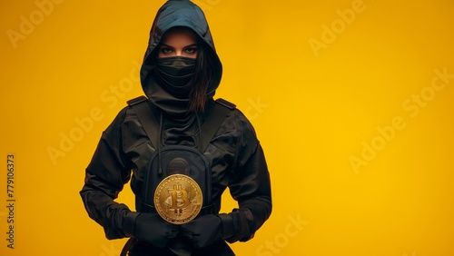 Nija Frau verhüllt hält goldenen Coin in der Hand, ai generativ photo