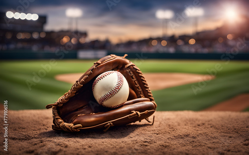A baseball and glove on the field, symbolizing America's pastime and teamwork, with a defocused ballpark in the background