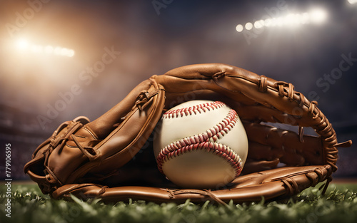 A baseball and glove on the field, symbolizing America's pastime and teamwork, with a defocused ballpark in the background