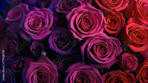 purple pink red blue and many light color roses flowers in full frame with text copy space in the middle with abstract gradient background and water droplets lying in the romantic manners 