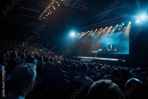 Keynote speaker delivering a presentation to an attentive audience at a B2B conference