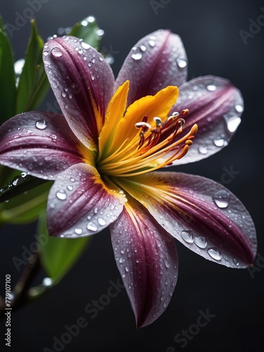 Beautiful lily flower on a dark background with water drops. Generative ai.