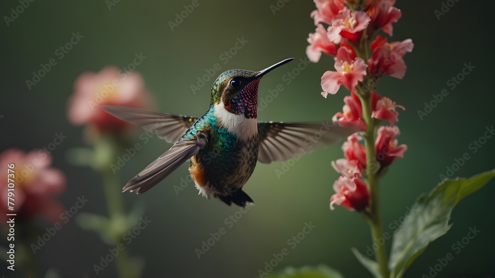 Fototapeta premium A hummingbird feeding on a flower stem, it sips nectar from the vibrant petals