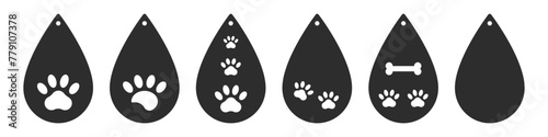 Set of vector designs with dog paw for teardrops earrings, pendant or keychain. Jewelry silhouette laser cut template. Cnc cutting with metal, wood or leather