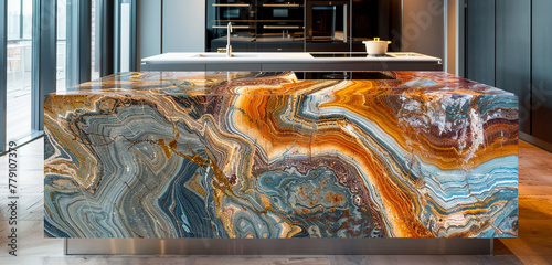 An artisanal kitchen island topped with a rare type of marble, characterized by its vibrant swirls of color and natural patterns. 32k, full ultra HD, high resolution photo