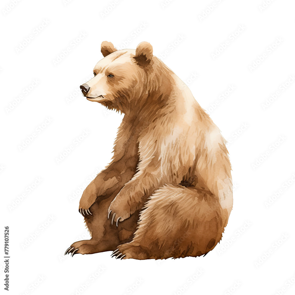 AI-generated watercolor cute brown grizzly bear sitting clip art