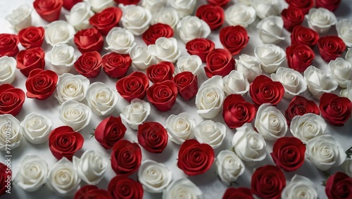 Red and white roses and heart shaped candies are arranged on a white surface.