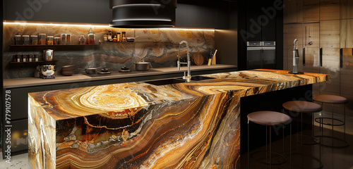 An artisanal kitchen island topped with a rare type of marble, characterized by its vibrant swirls of color and natural patterns. 32k, full ultra HD, high resolution