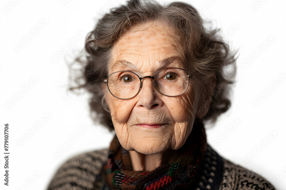 Closeup portrait of elderly woman in glasses, isolated on light background Closeup portrait of elderly woman in glasses, isolated on light background