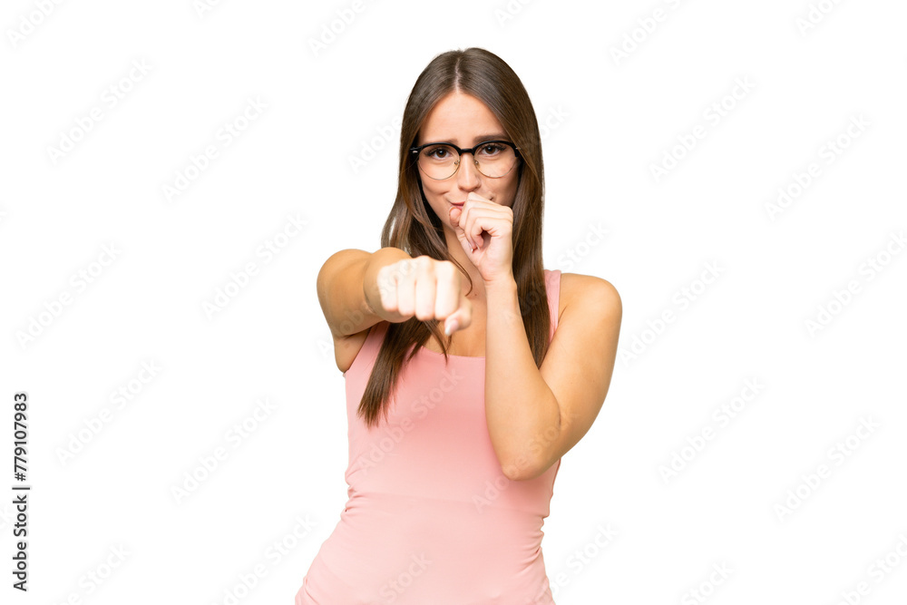 Young pretty caucasian woman over isolated background with fighting gesture Young pretty caucasian woman over isolated background with fighting gesture