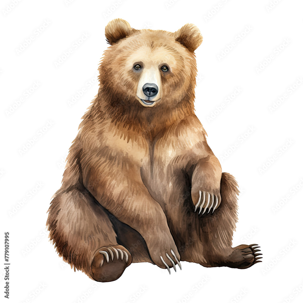 AI-generated watercolor cute brown grizzly bear sitting clip art illustration. Isolated elements on a white background. - obrazy, fototapety, plakaty 