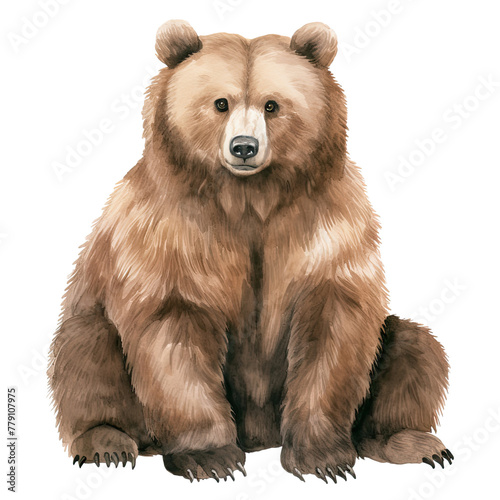 AI-generated watercolor cute brown grizzly bear sitting clip art illustration. Isolated elements on a white background. © beyouenked