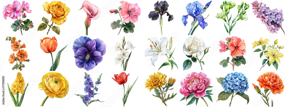 Naklejka premium Watercolor flower set isolated background. Various floral collection of nature blooming flower clip art illustration element for retro flora wedding or romantic valentine card. crisp edges cut out.
