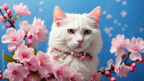 A white cat is sitting in front of a blue background with pink flowers.