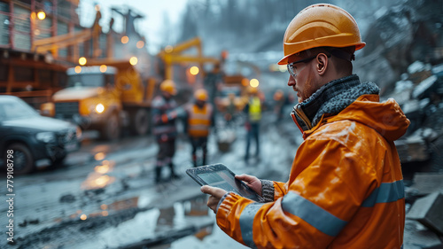 a building contractor with a tablet in his hands, in the background workers on a building site and a pick-up truck,generative ai