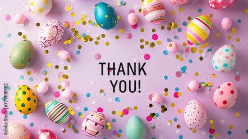 thank you greeting with Easter eggs, pink background photo