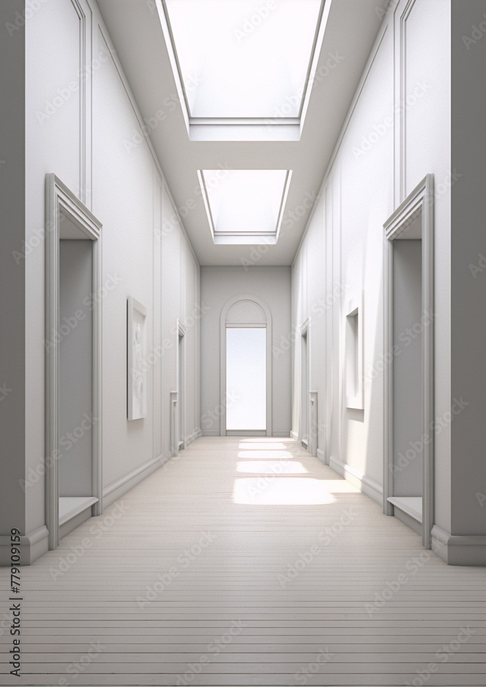 Fototapeta premium Empty, sunlit hallway with white walls and floors. 