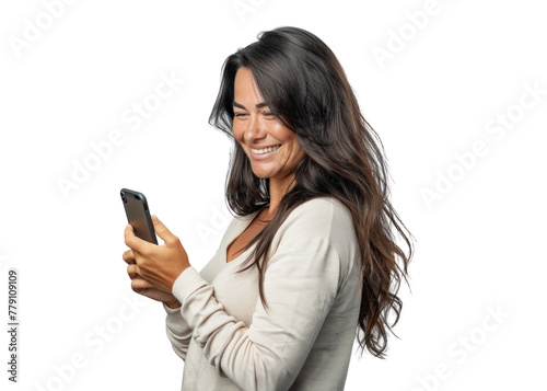 Smiling South American Woman Using Smartphone