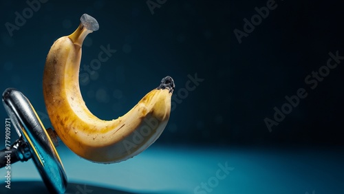 Witzige Cartoon Figur als Banane mit Hanteln im Sport, ai generativ photo