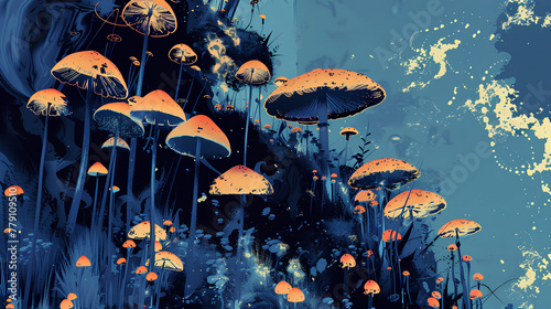 Acid mushrooms illustration. Interesting background with nature in blue tones