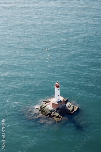 Lighthouse stands sentinel on a small island, amidst the vast ocean.
