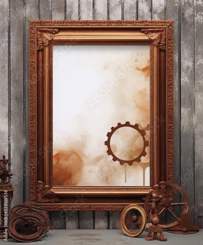 Copper-framed art; steampunk-themed; gears and smoke.
