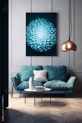 Teal flower print, teal living room, peaceful interior.
